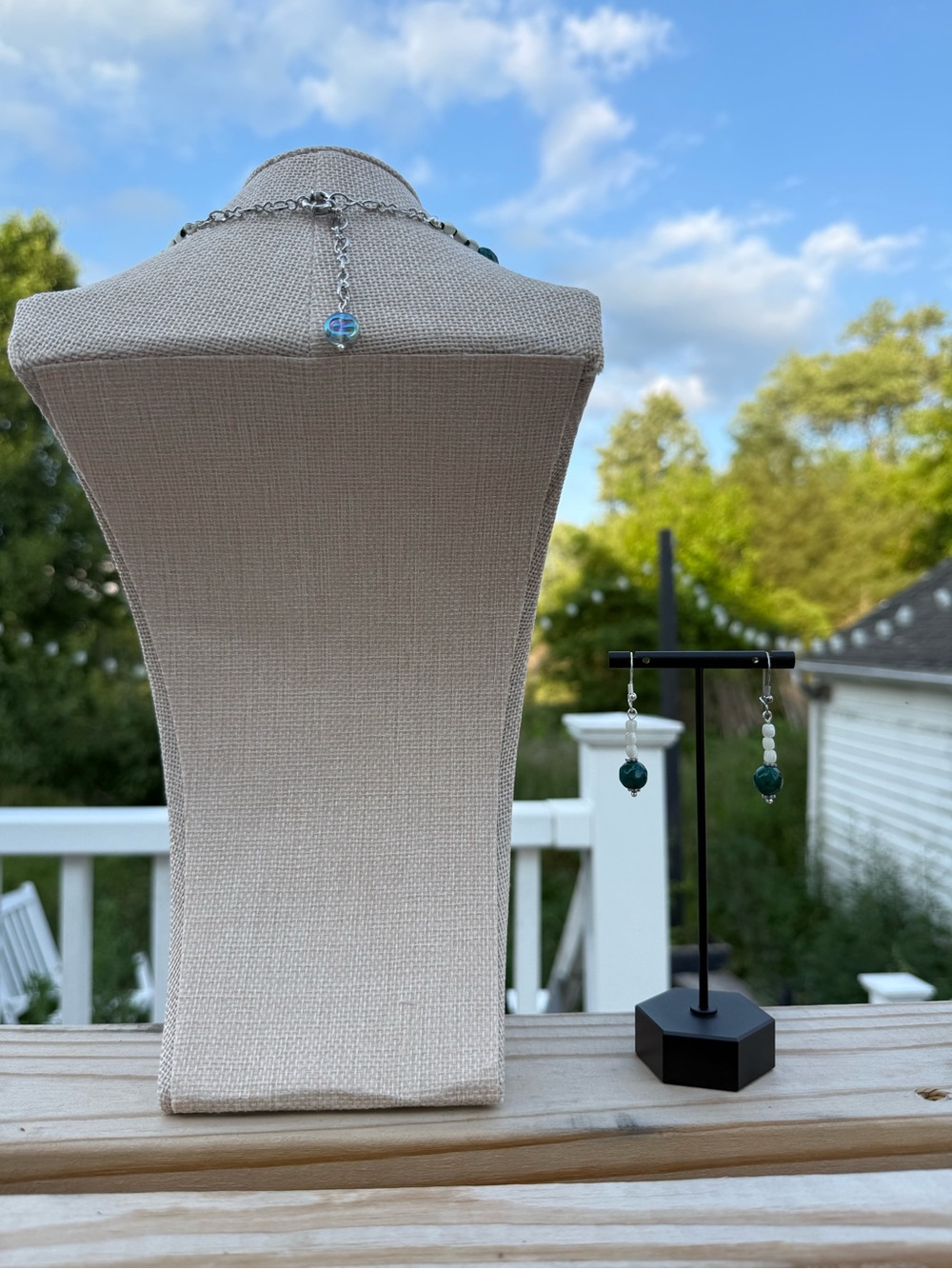 Faceted Chrysocolla, Marble & Mother of Pearl Necklace and Earring Set - Picture 3 of 3